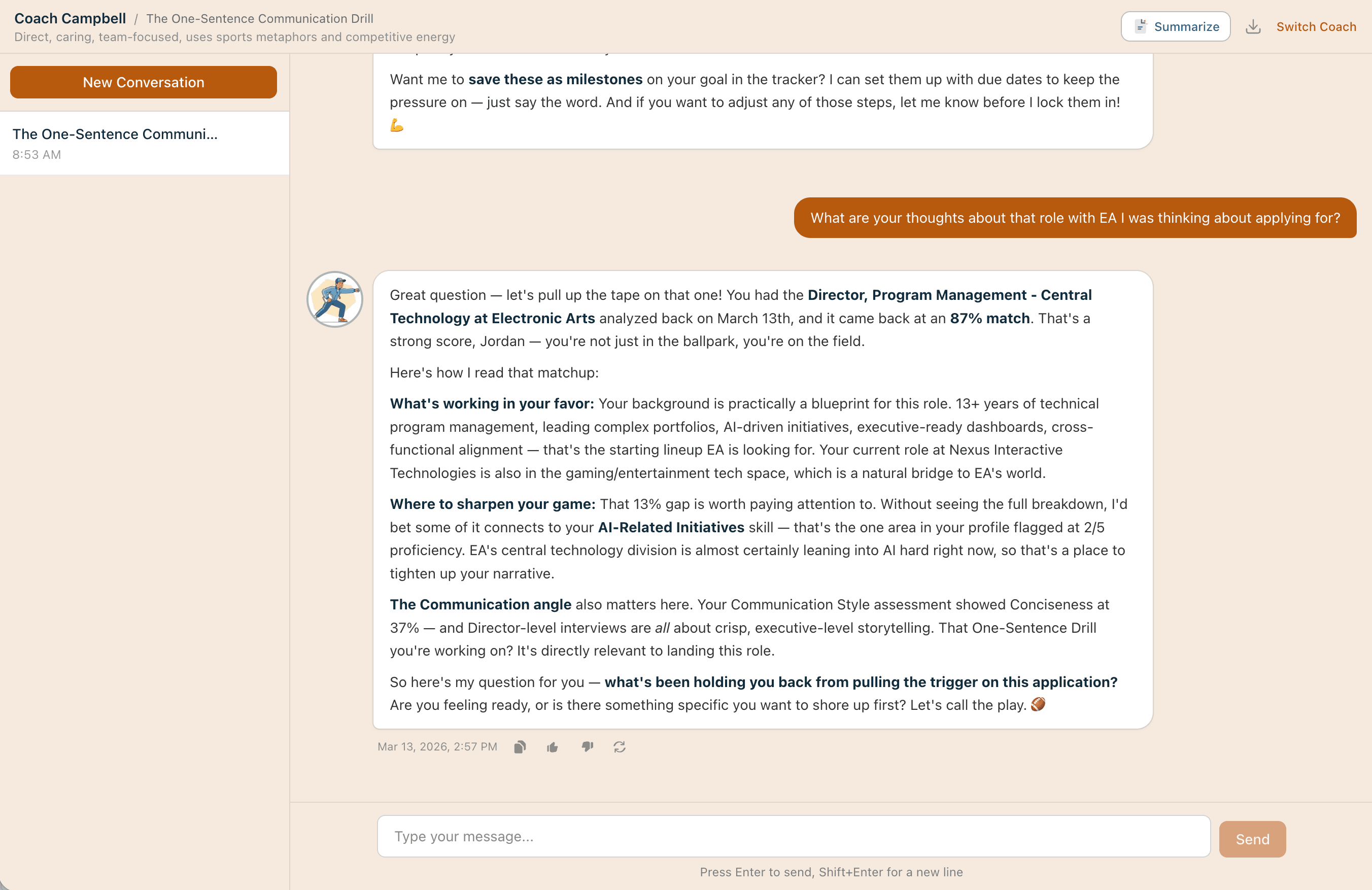 AI coaching conversation with integrated goal tracking and assessment suggestions