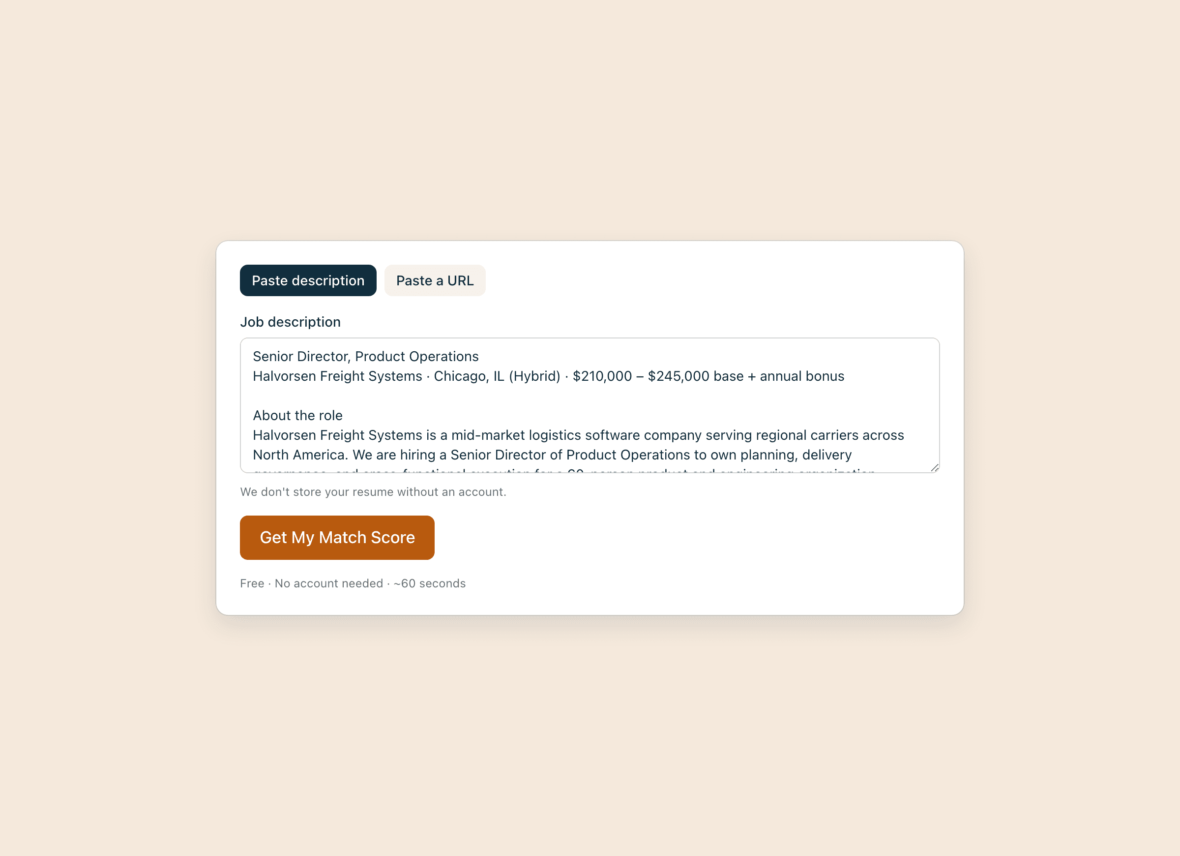The job-match analyzer with a senior director job posting pasted into the description field and a Get My Match Score button below it