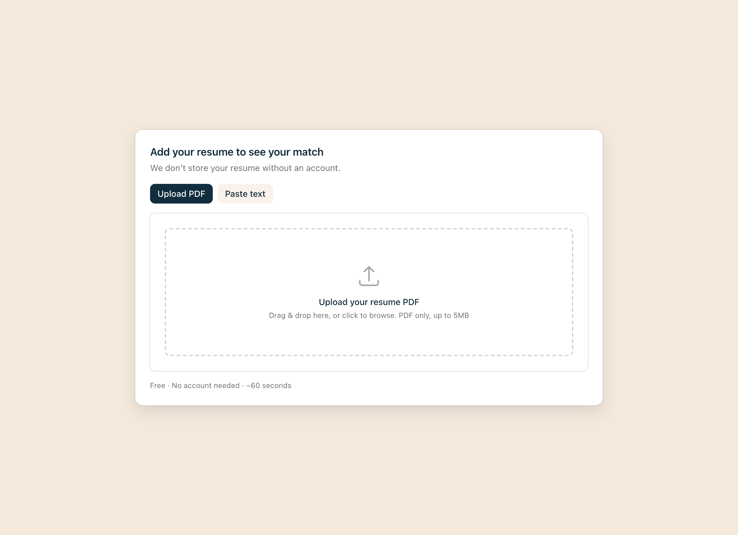 The add-your-resume step with a PDF upload drop zone and a paste-text option