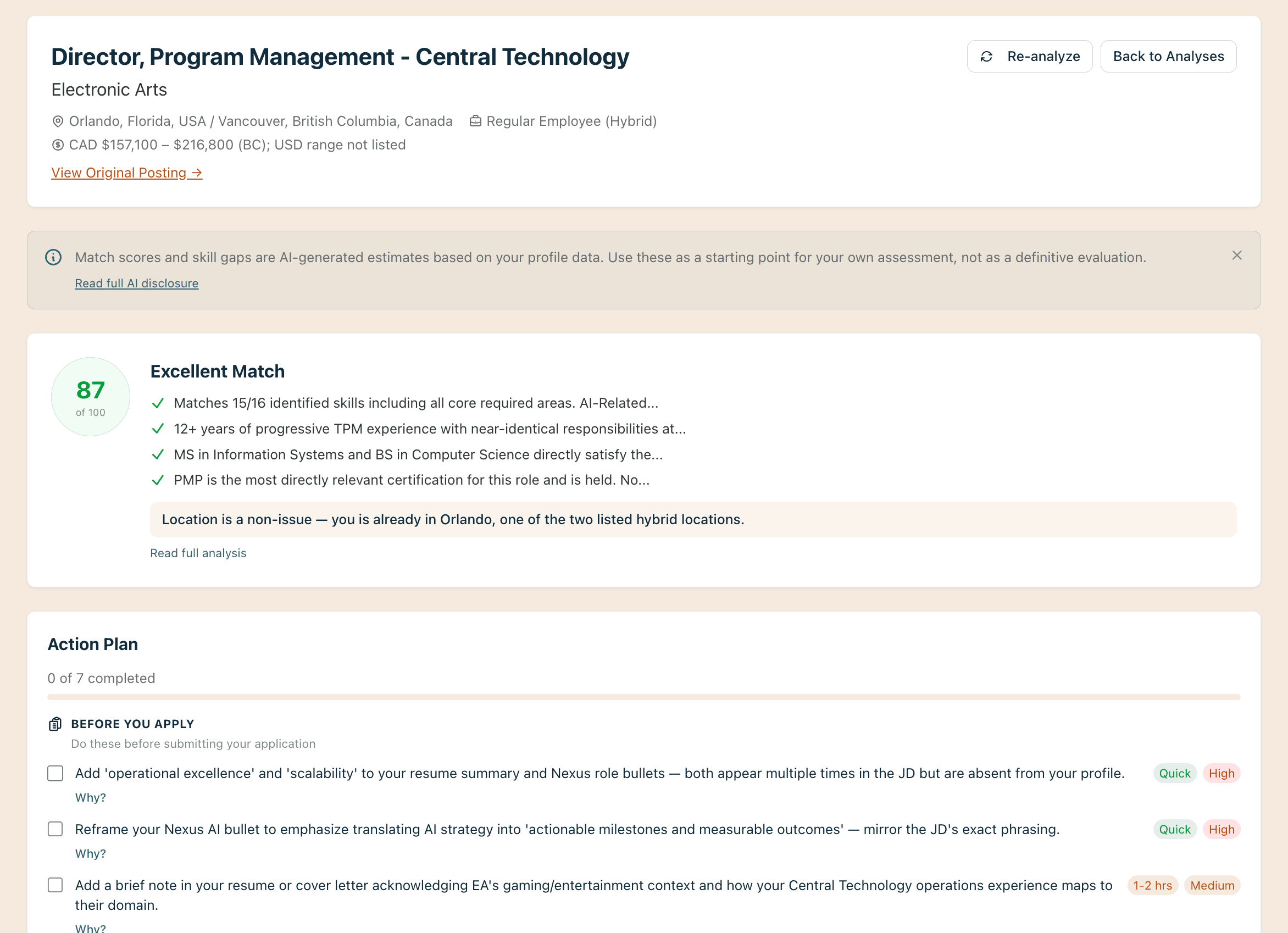 Job analysis match score with skill gaps and tailored resume generation