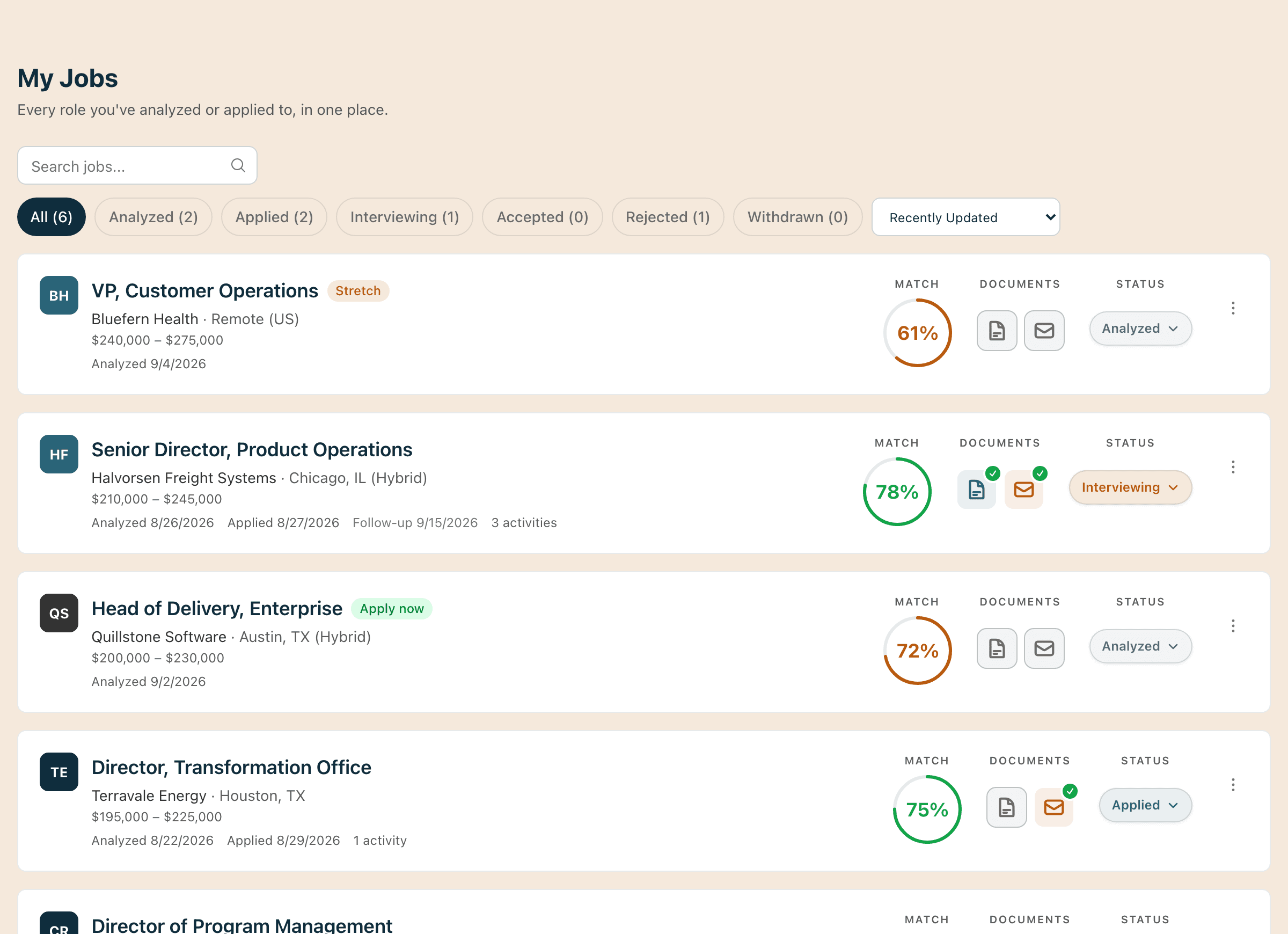 The My Jobs list showing six director and senior manager roles with match scores, generated documents, and statuses from analyzed to interviewing, including one flagged as a stretch